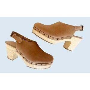 LOFT Tan Beige Leather Wood Heel Platform Ankle Strap Clogs